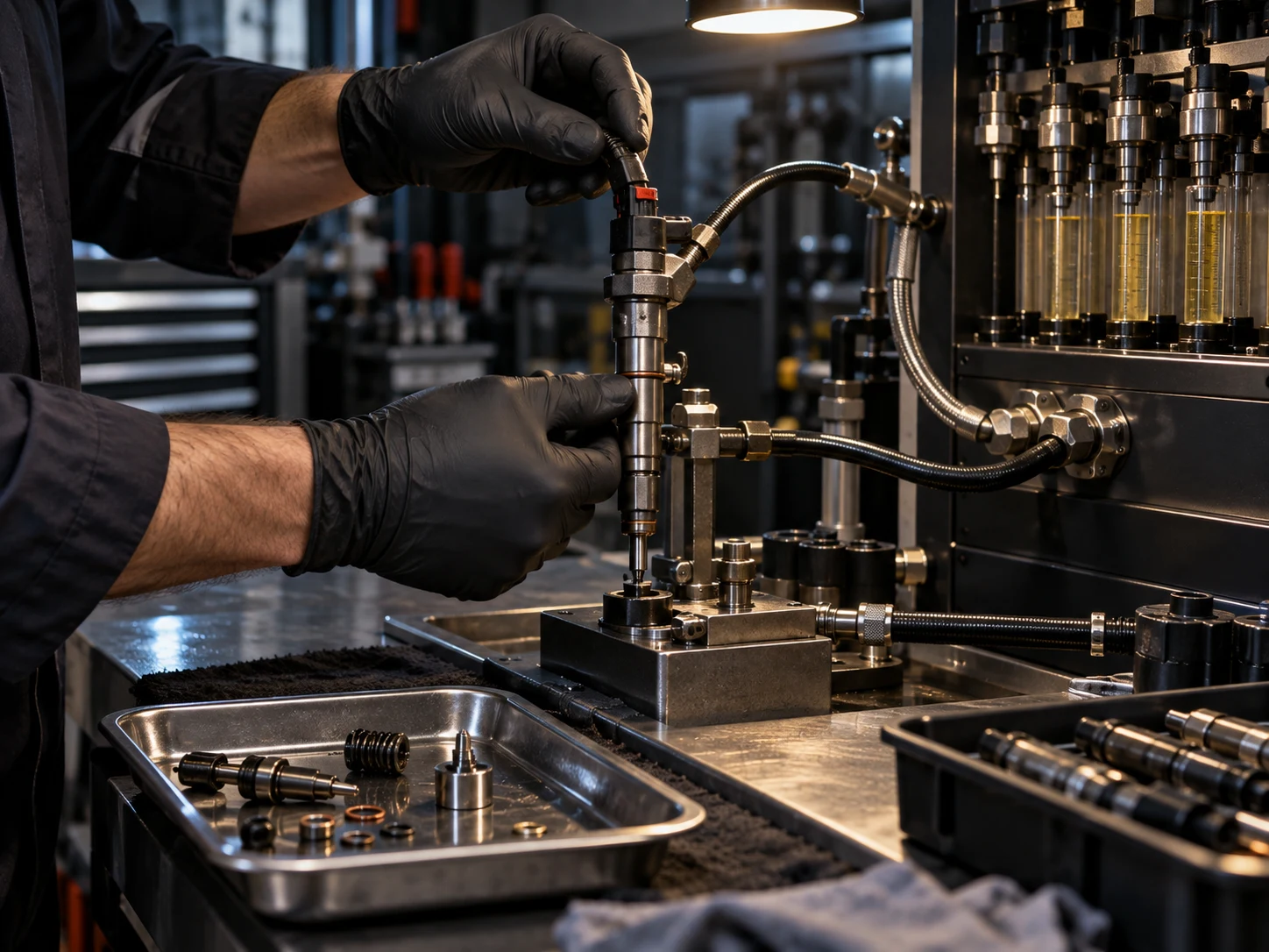 Illustrative photo of diesel injector testing at a specialist workshop